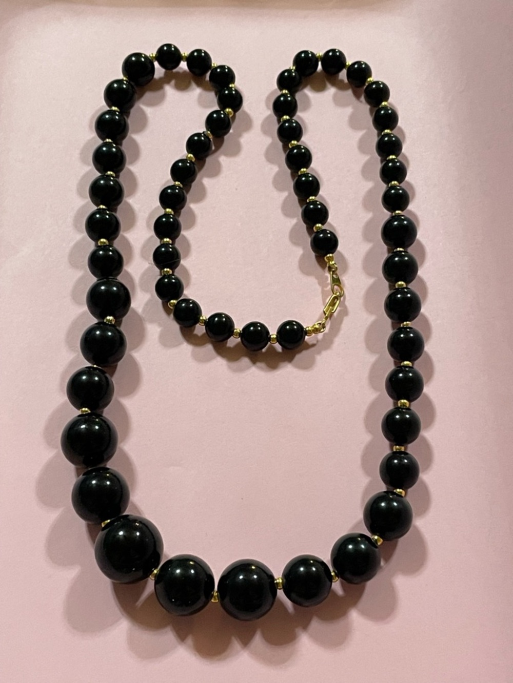 Vintage Black Plastic Bead Necklace Gold Tone Bead Spacers #9412